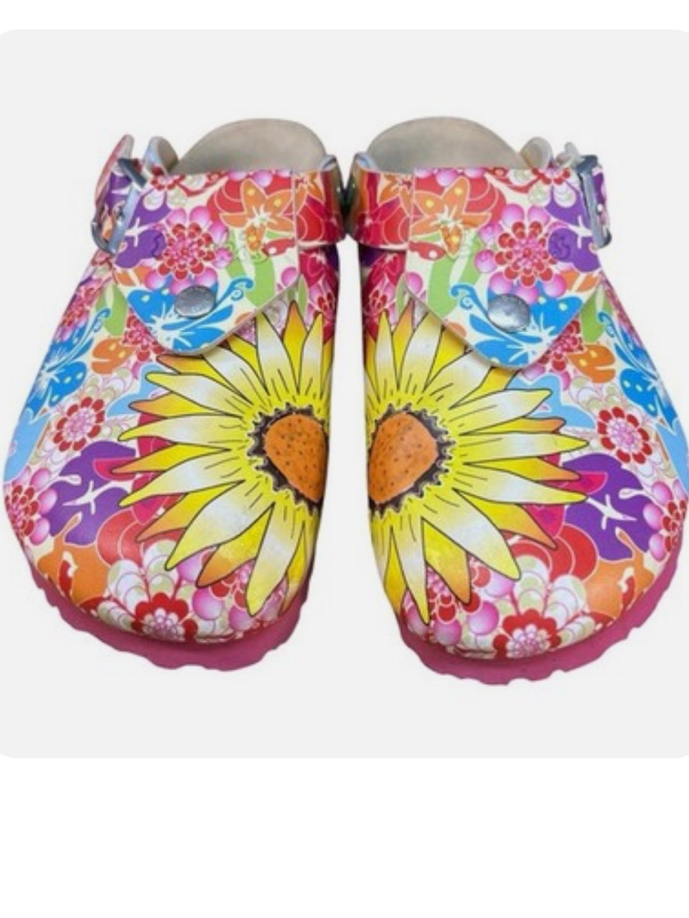 Birkenstock Floral Sunflower Clogs in Yellow, Pink & Blue